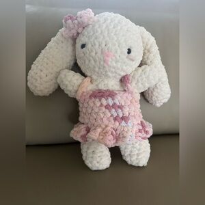 Handmade Plush Crochet Bunny in Cream and Pink Dress
